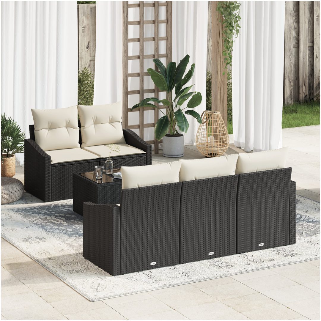 6-delat Trädgårdssoffset med Kuddar i Svart Poly Rattan vidaXL 55 x 55 x 37 cm