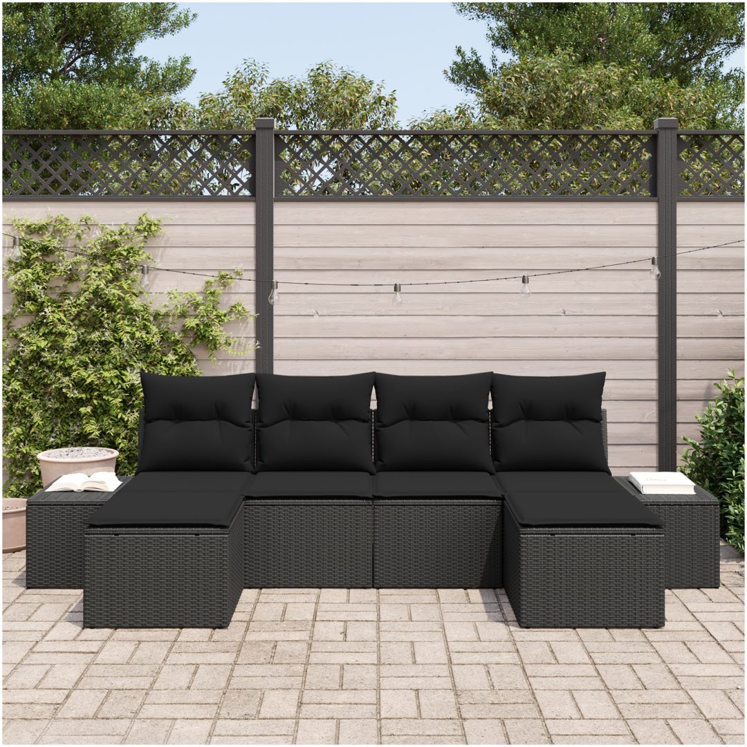 6-dels Trädgårdsoffaset med Kuddar Svart Poly Rattan vidaXL 184 x 62 x 85 cm – bild 3