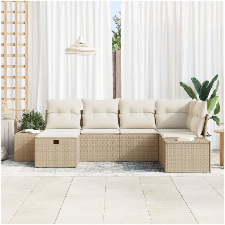 6-dels trädgårdsoffasett med kuddar i beige, poly rattan vidaXL 264 x 154 x 85 cm – bild 3