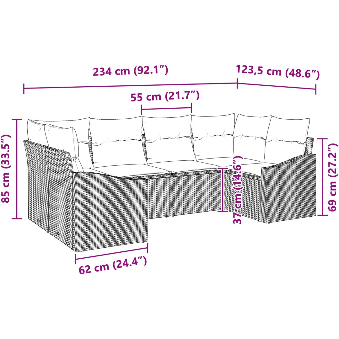 6-dels Trädgårdsoffset med Kuddar Grå Poly Rattan vidaXL 234 x 123.5 x 85 cm – bild 8