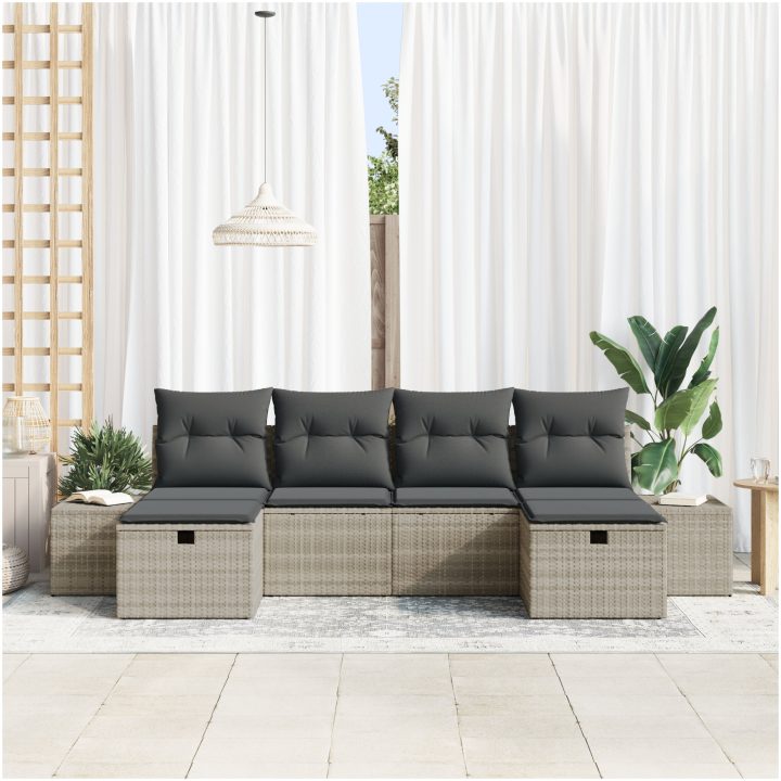 6-dels trädgårdssoffa med kuddar i ljusgrå poly-rattan vidaXL 294 x 117 x 85 cm – bild 3