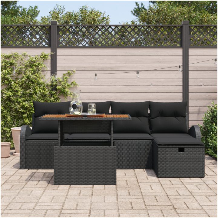 6 styckars trädgårdsoff set med kuddar svart poly rotting vidaXL 55 x 55 x 37 cm – bild 3