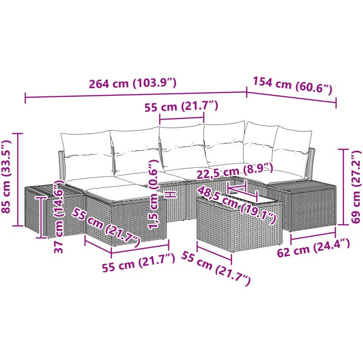 7-bitar Trädgårdsoffaset med kuddar i brun poly rattan vidaXL 55 x 55 x 37 cm – bild 10