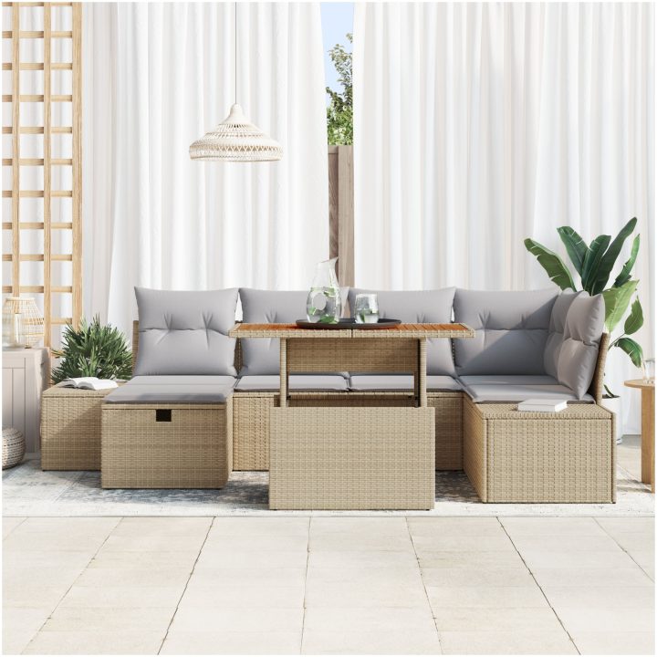 7 Bitars Trädgårdsoffaset med kuddar Beige Poly Rattan vidaXL 55 x 55 x 37 cm – bild 3