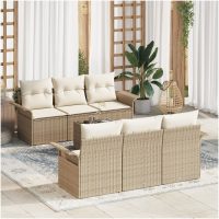 7 Bitars trädgårdsoffset med kuddar Beige Poly Rattan vidaXL