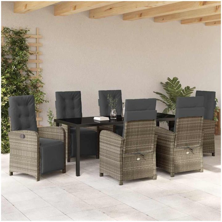 7-dela trädgårdsdining set med kuddar Ljusgrå Poly Rattan vidaXL 6 - Sits – bild 4
