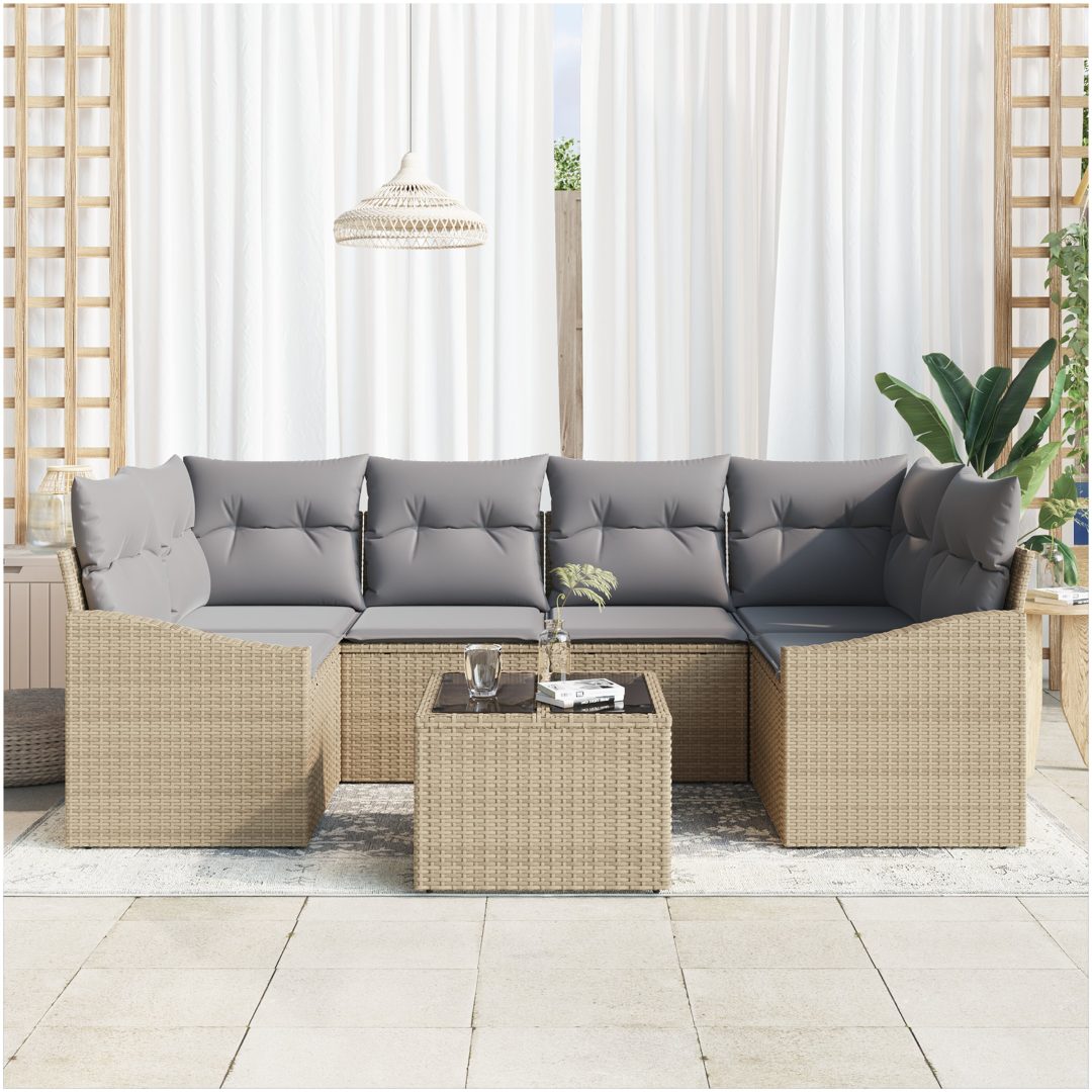 7-Dela Trädgårdsgrupp Med Kuddar i Beige Poly Rattan vidaXL 55 x 55 x 37 cm – bild 3