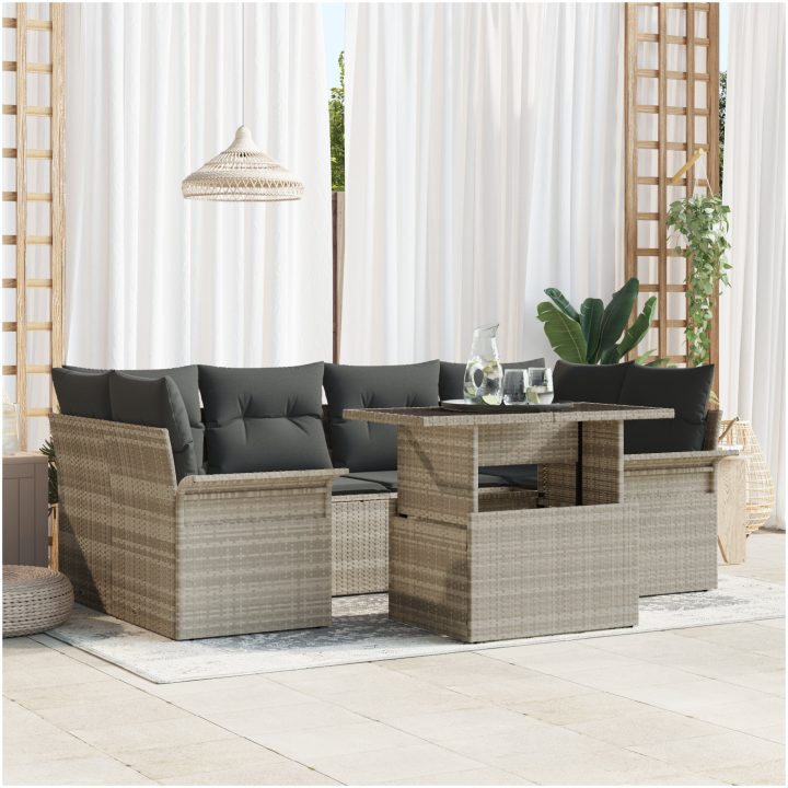 7-Dela Trädgårdsoff Set med Kuddar - Ljusgrå Poly Rattan vidaXL 100 x 55 x 73 cm – bild 3