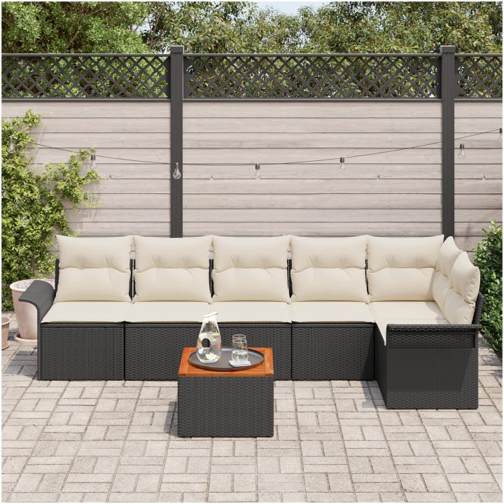 7-dela Trädgårdsoffaset med kuddar Svart Poly Rattan Acacia vidaXL 55 x 55 x 37 cm – bild 3