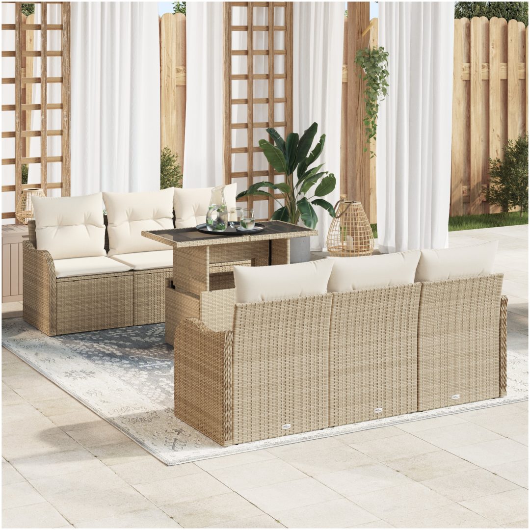 7-delad beige poly rattan trädgårdsoffa med kuddar vidaXL Stor