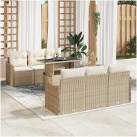 7-delad beige poly rattan trädgårdsoffa med kuddar vidaXL