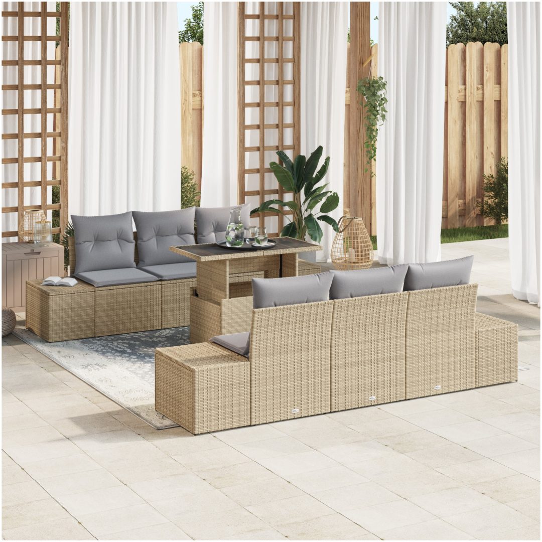 7-delad soffgrupp i beige poly-rattan med kuddar vidaXL 100 x 55 x 73 cm