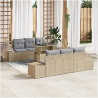 7-delad soffgrupp i beige poly-rattan med kuddar vidaXL
