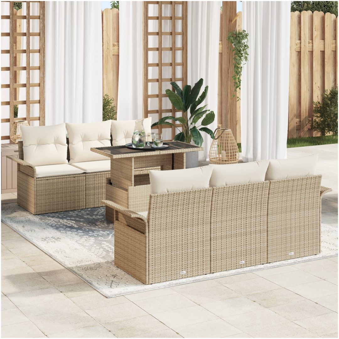 7-delad soffgrupp med kuddar i beige polyrotting vidaXL 100 x 55 x 73 cm