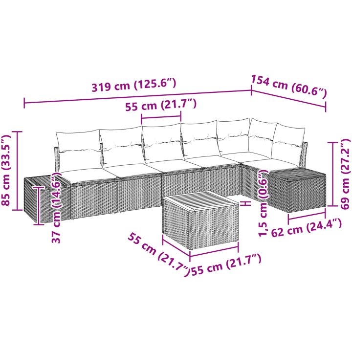 7-delad soffgrupp som inkluderar kuddar, svart, poly-rattan, akacia. vidaXL 55 x 55 x 37 cm – bild 9
