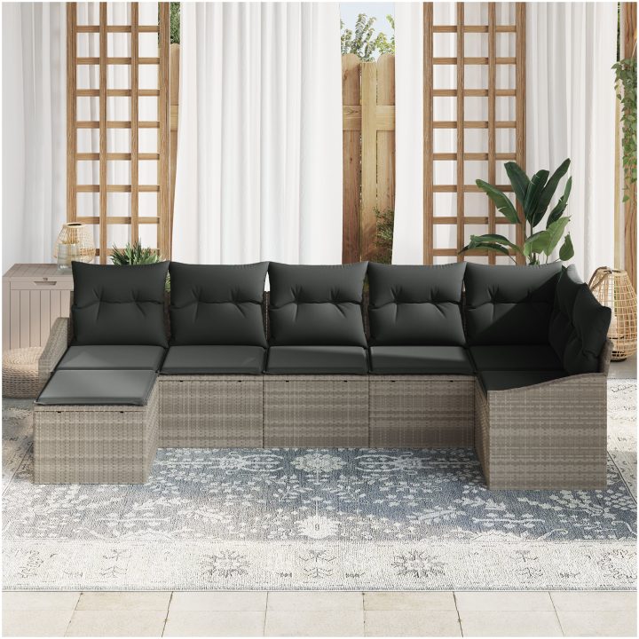 7-delad trädgårds matbord set med kuddar Ljust grå poly rattan vidaXL Large – bild 3