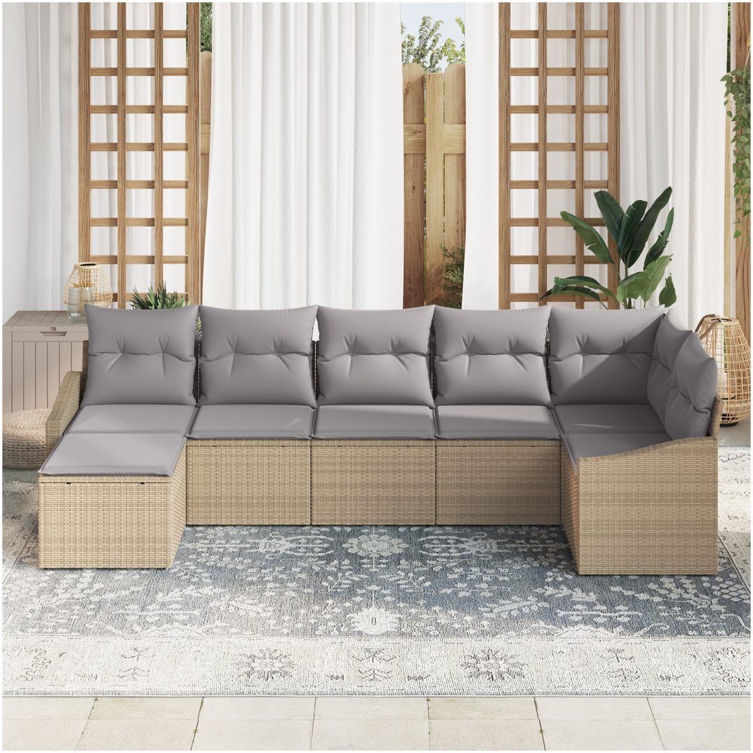 7-delad trädgårds matgrupp med kuddar Beige Poly Rottning vidaXL Large – bild 3