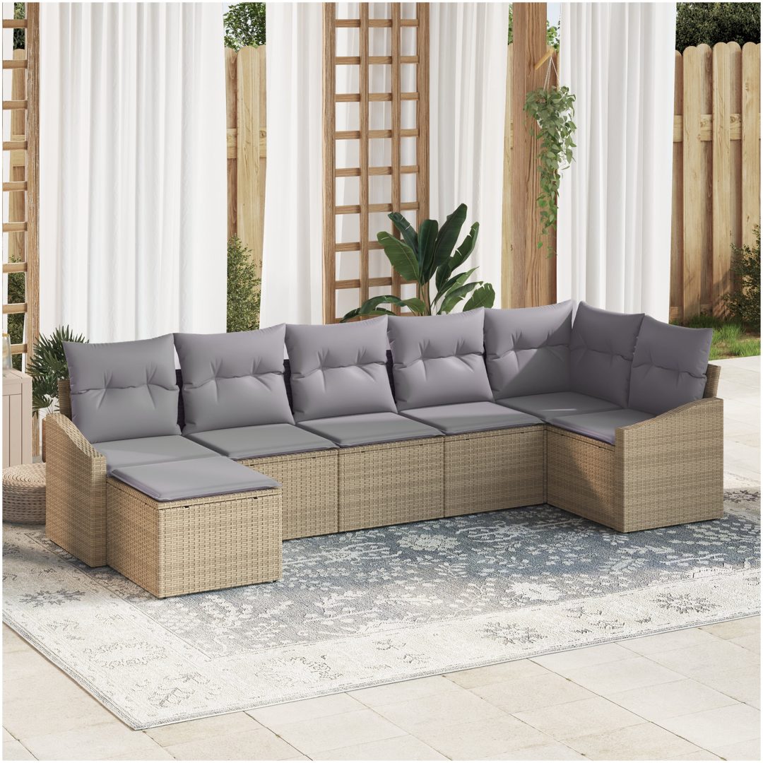 7-delad trädgårds matgrupp med kuddar Beige Poly Rottning vidaXL Large