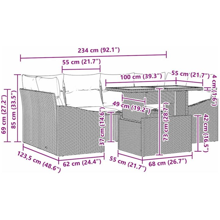 7-delad trädgårdsdining set med kuddar, beige poly-rattan och akacia vidaXL 100 x 55 x 73 cm – bild 11
