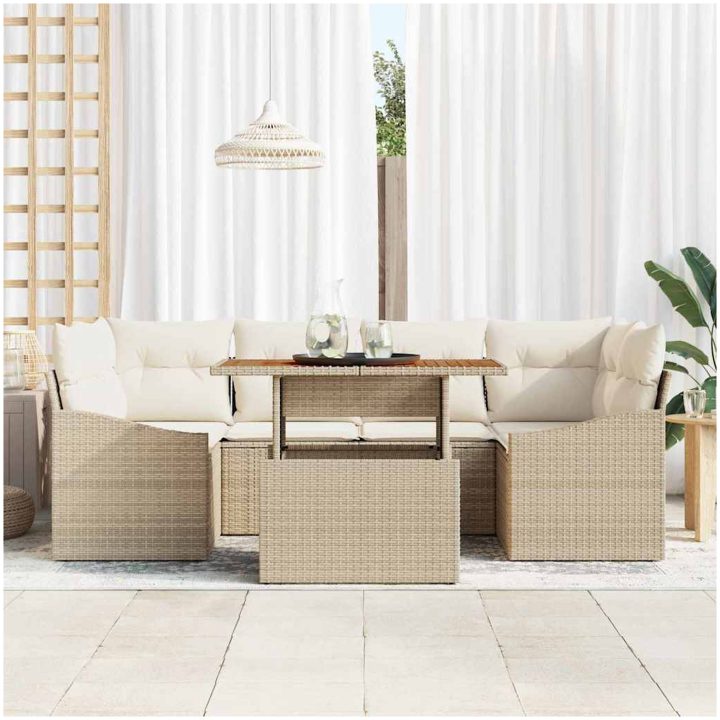 7-delad trädgårdsdining set med kuddar, beige poly-rattan och akacia vidaXL 100 x 55 x 73 cm – bild 3