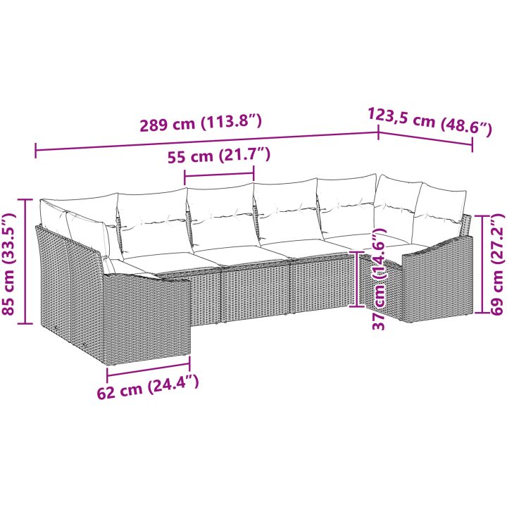 7-delad Trädgårdsmatset med Kuddar - Grå Poly Rattan. vidaXL 165 x 62 x 69 cm – bild 12