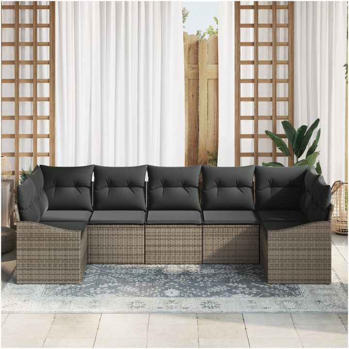 7-delad Trädgårdsmatset med Kuddar - Grå Poly Rattan. vidaXL 165 x 62 x 69 cm – bild 3