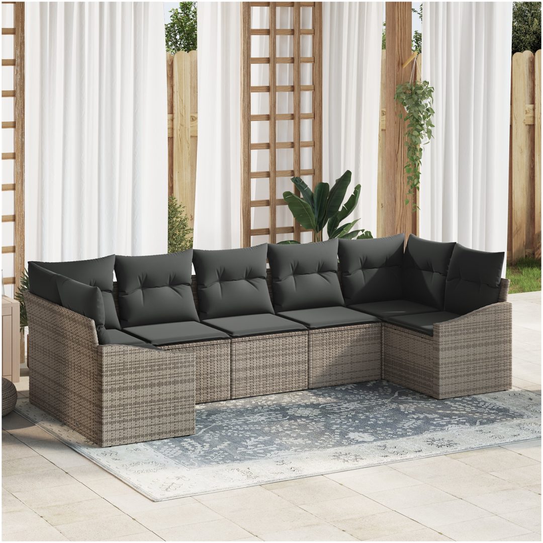 7-delad Trädgårdsmatset med Kuddar - Grå Poly Rattan. vidaXL 165 x 62 x 69 cm