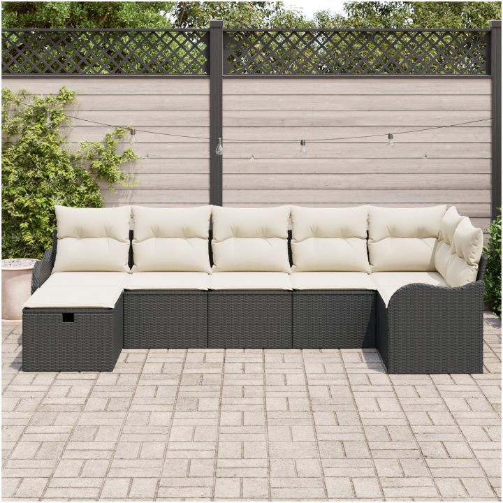 7-delad Trädgårdsofa med Kuddar Svart Poly Rattan vidaXL Stor – bild 3
