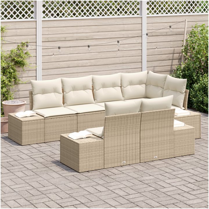 7-delad Trädgårdsofa Set med kuddar Beige Poly rotting vidaXL 184 x 62 x 85 cm – bild 3