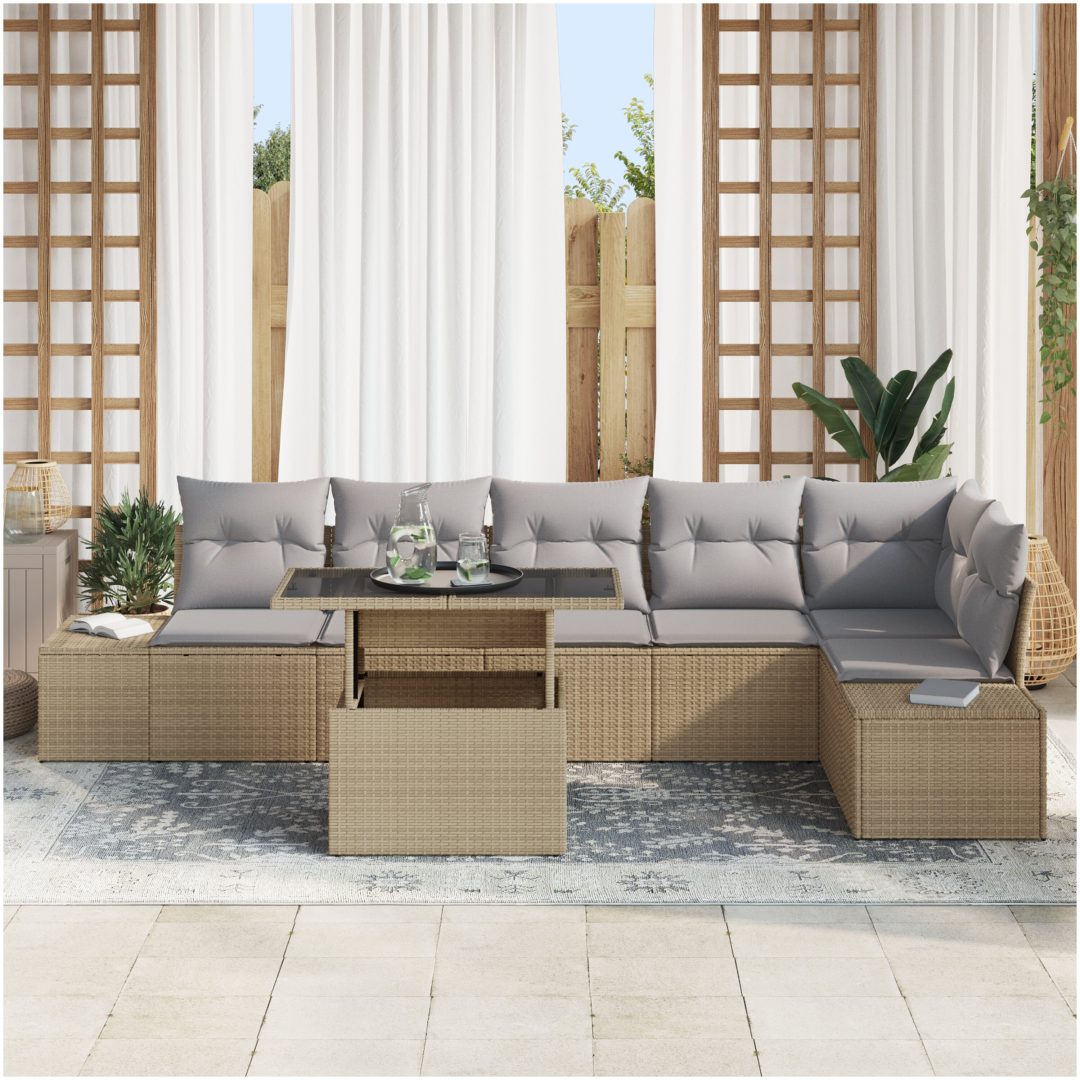 7-delad trädgårdsoffセット med beige kuddar i polyrotting. vidaXL 100 x 55 x 73 cm – bild 3