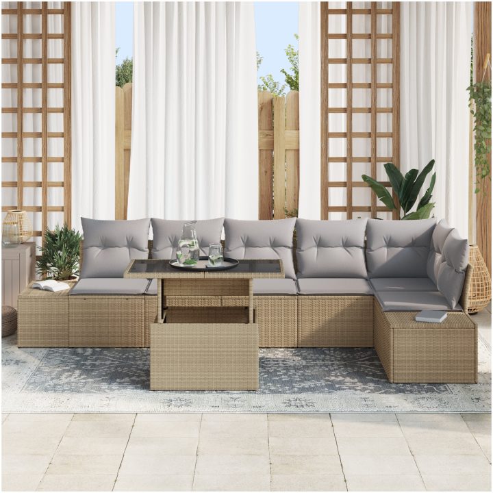 7-delad trädgårdsoffセット med beige kuddar i polyrotting. vidaXL 100 x 55 x 73 cm – bild 3