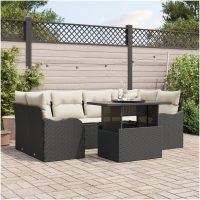 7 Delad Trädgårdsoffセット med kuddar Svart Poly Rattan vidaXL