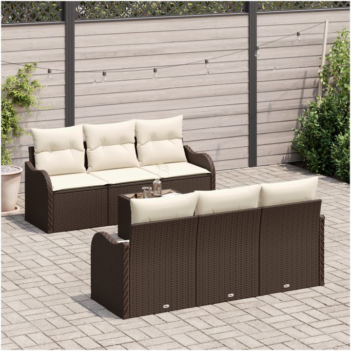 7-delad trädgårdsoff set med kuddar Brun Poly Rotting vidaXL Medium – bild 3