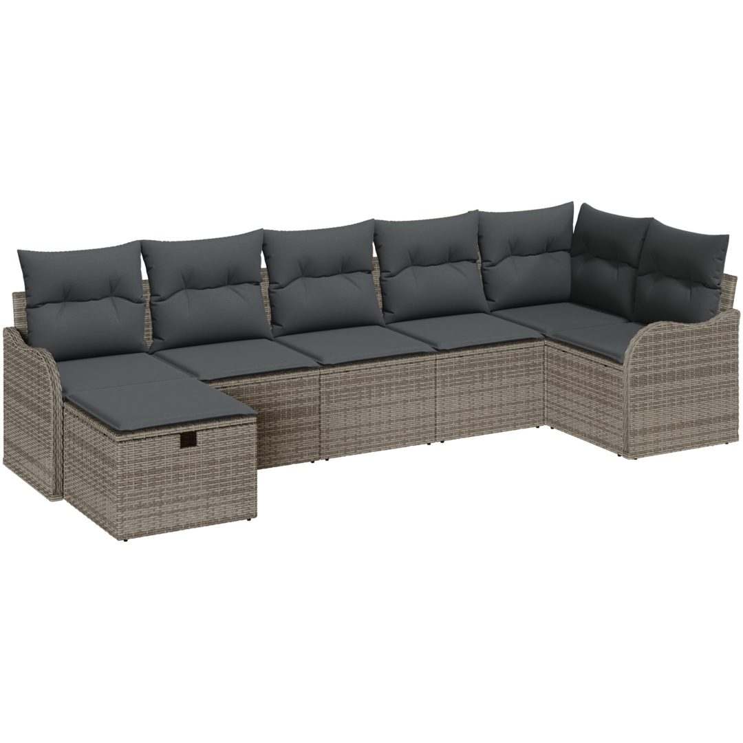 7-delad trädgårdsoff set med kuddar grå poly rattan vidaXL Stor – bild 2