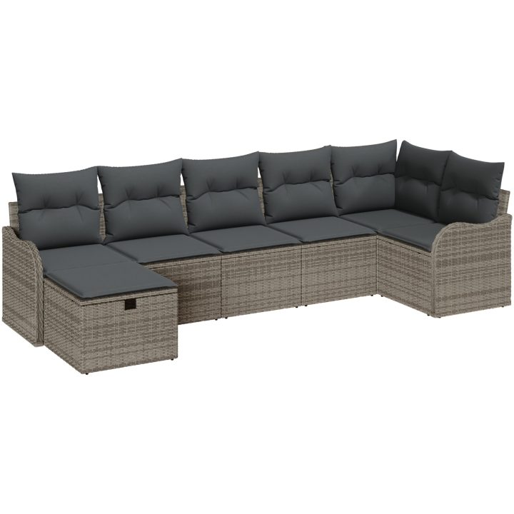 7-delad trädgårdsoff set med kuddar grå poly rattan vidaXL Stor – bild 2