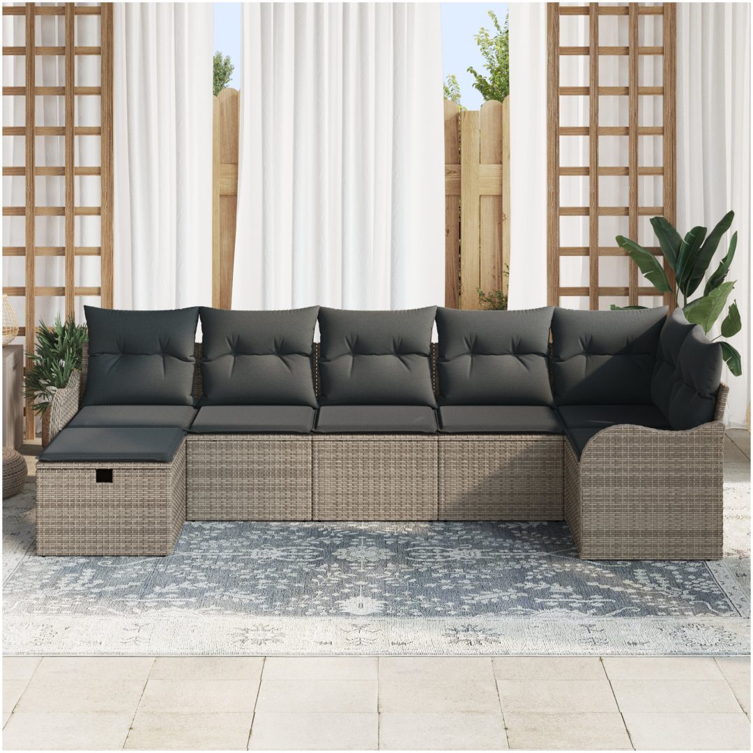 7-delad trädgårdsoff set med kuddar grå poly rattan vidaXL Stor – bild 3