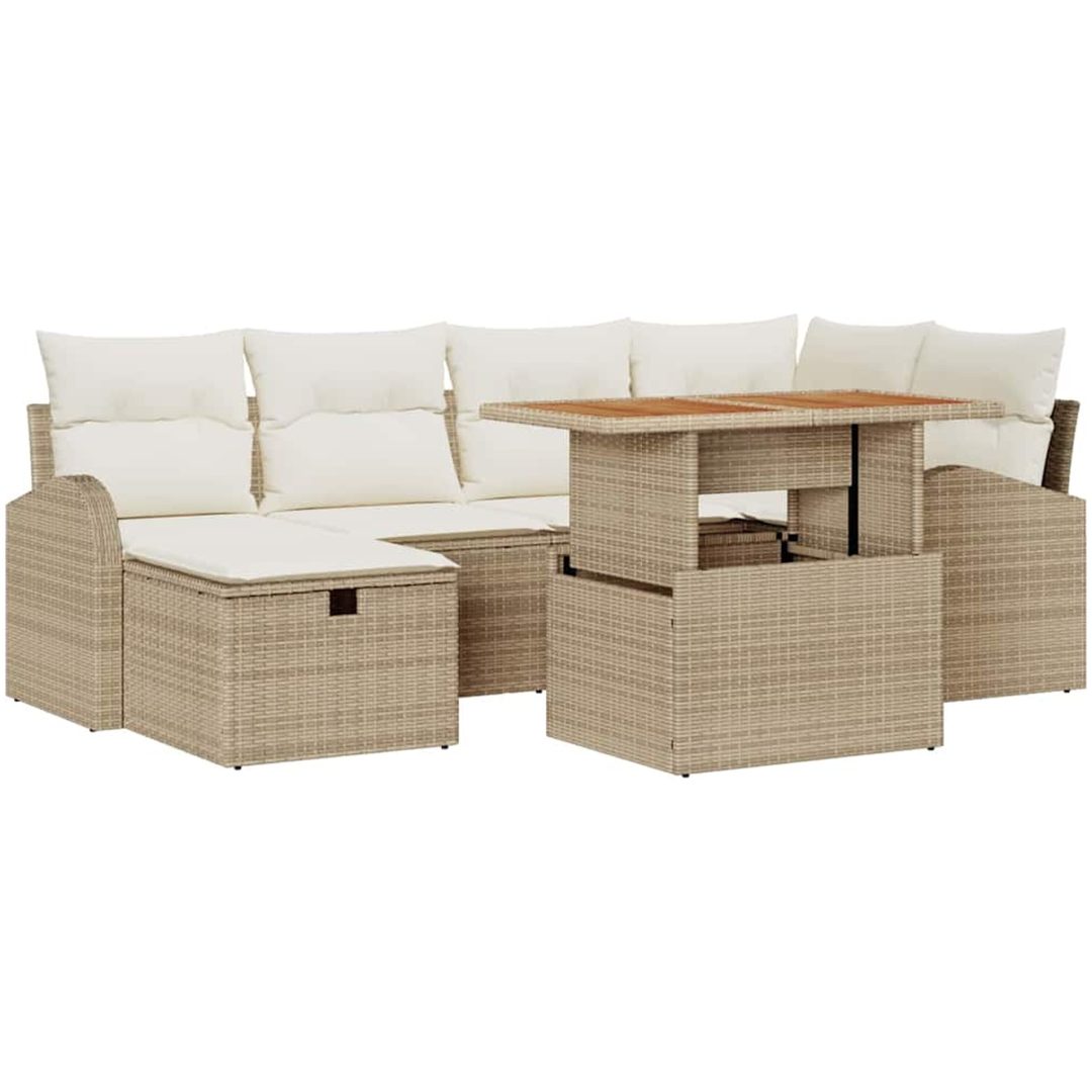 7-delad trädgårdsoffa med kuddar beige poly rattan vidaXL 55 x 55 x 37 cm – bild 2