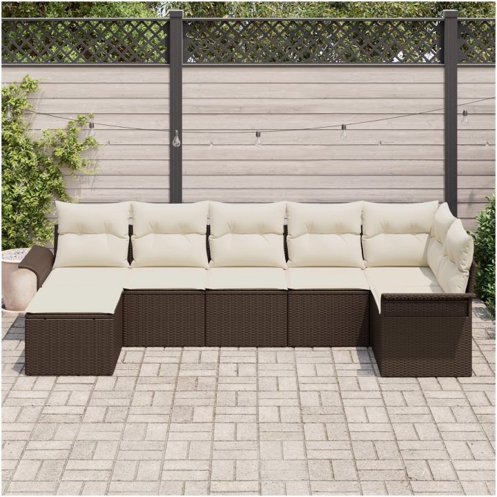 7-delad trädgårdsoffa med kuddar brun poly rattan vidaXL 297,5 x 132,5 x 85 cm – bild 3
