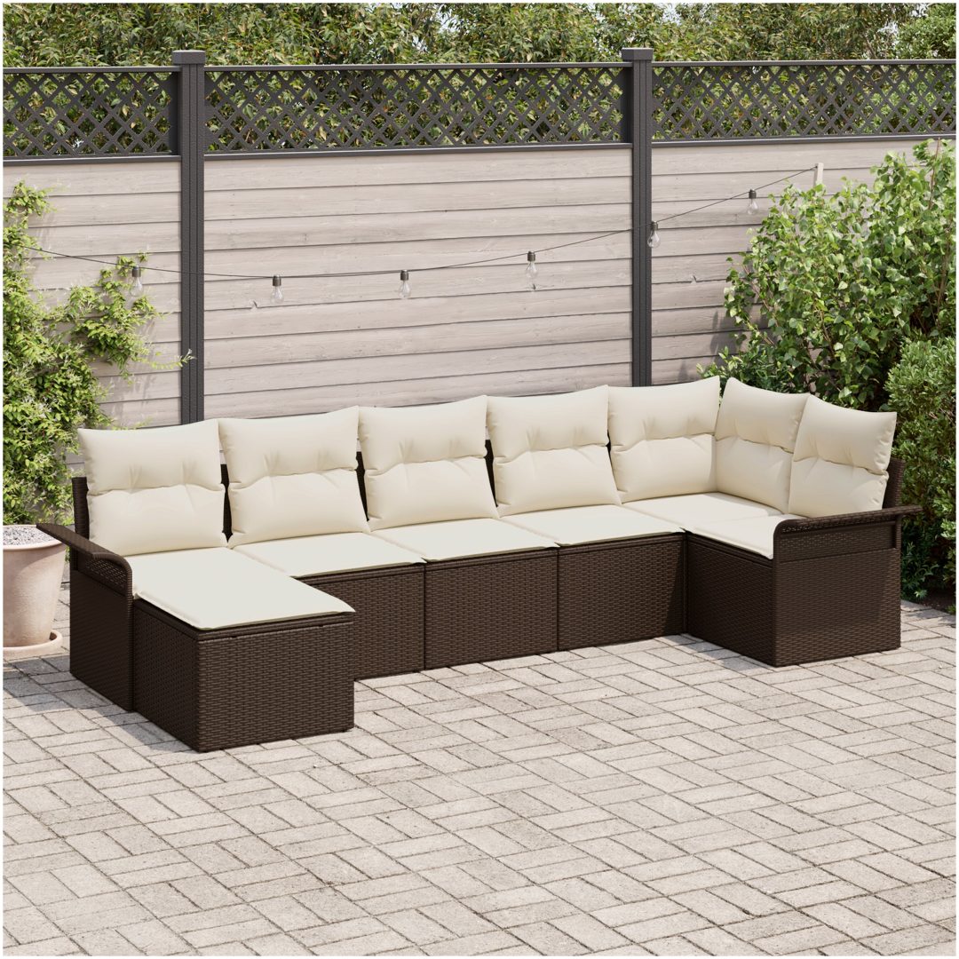 7-delad trädgårdsoffa med kuddar brun poly rattan vidaXL 297,5 x 132,5 x 85 cm