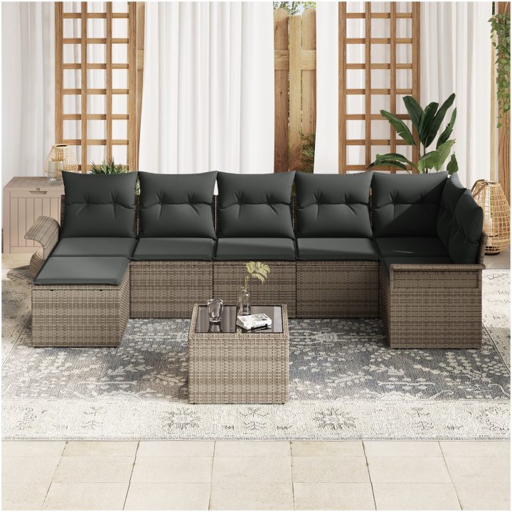 7-delad Trädgårdsoffa med Kuddar Svart Poly Rattan vidaXL 55 x 55 x 37 cm – bild 3