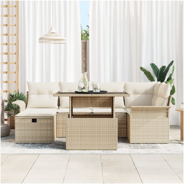 7 Delad Trädgårdsoffa Set med Kuddar Beige Poly Rattan vidaXL 100 x 55 x 73 cm – bild 3