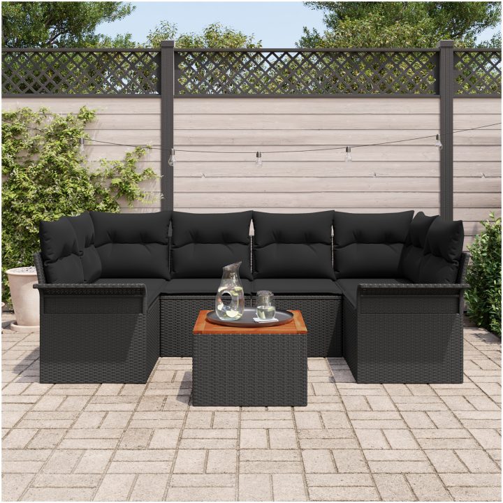 7-delad Trädgårdsoffa Set med Kuddar Svart Poly Rattan Akacia vidaXL Medium – bild 3