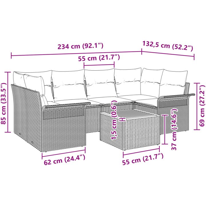 7-delad Trädgårdsoffa Set med Kuddar Svart Poly Rattan Akacia vidaXL Medium – bild 10