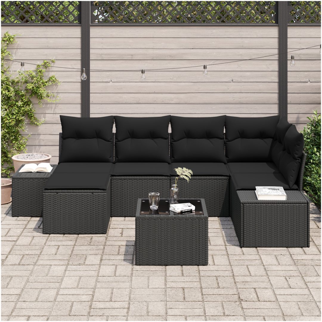 7-delad Trädgårdsoffagrupp Med Kuddar Beige Konstrotting vidaXL 264 x 154 x 85 cm – bild 3