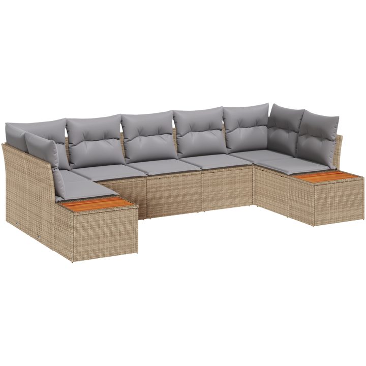 7-delad Trädgårdsoffagrupp med kuddar Beige Poly Rattan Akacia vidaXL 289 x 154 x 69 cm – bild 2