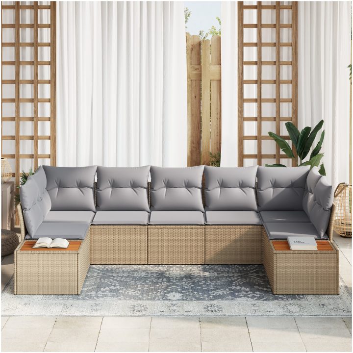7-delad Trädgårdsoffagrupp med kuddar Beige Poly Rattan Akacia vidaXL 289 x 154 x 69 cm – bild 3