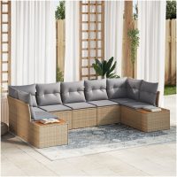 7-delad Trädgårdsoffagrupp med kuddar Beige Poly Rattan Akacia vidaXL