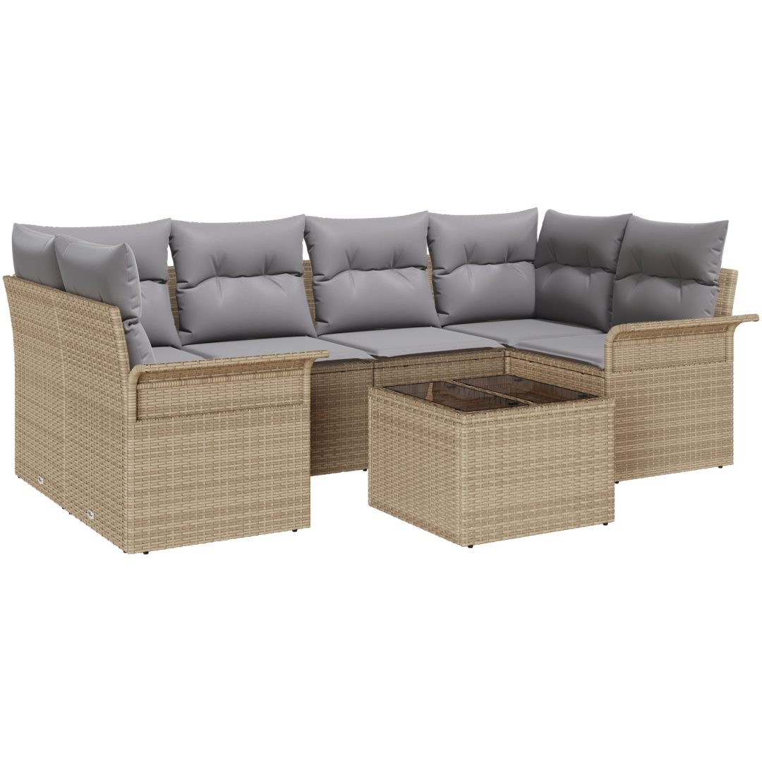 7-delad Trädgårdsoffagrupp med Kuddar Beige Poly Rattan vidaXL 55 x 55 x 37 cm – bild 2