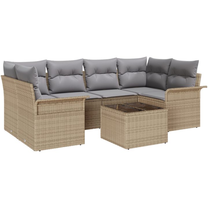 7-delad Trädgårdsoffagrupp med Kuddar Beige Poly Rattan vidaXL 55 x 55 x 37 cm – bild 2