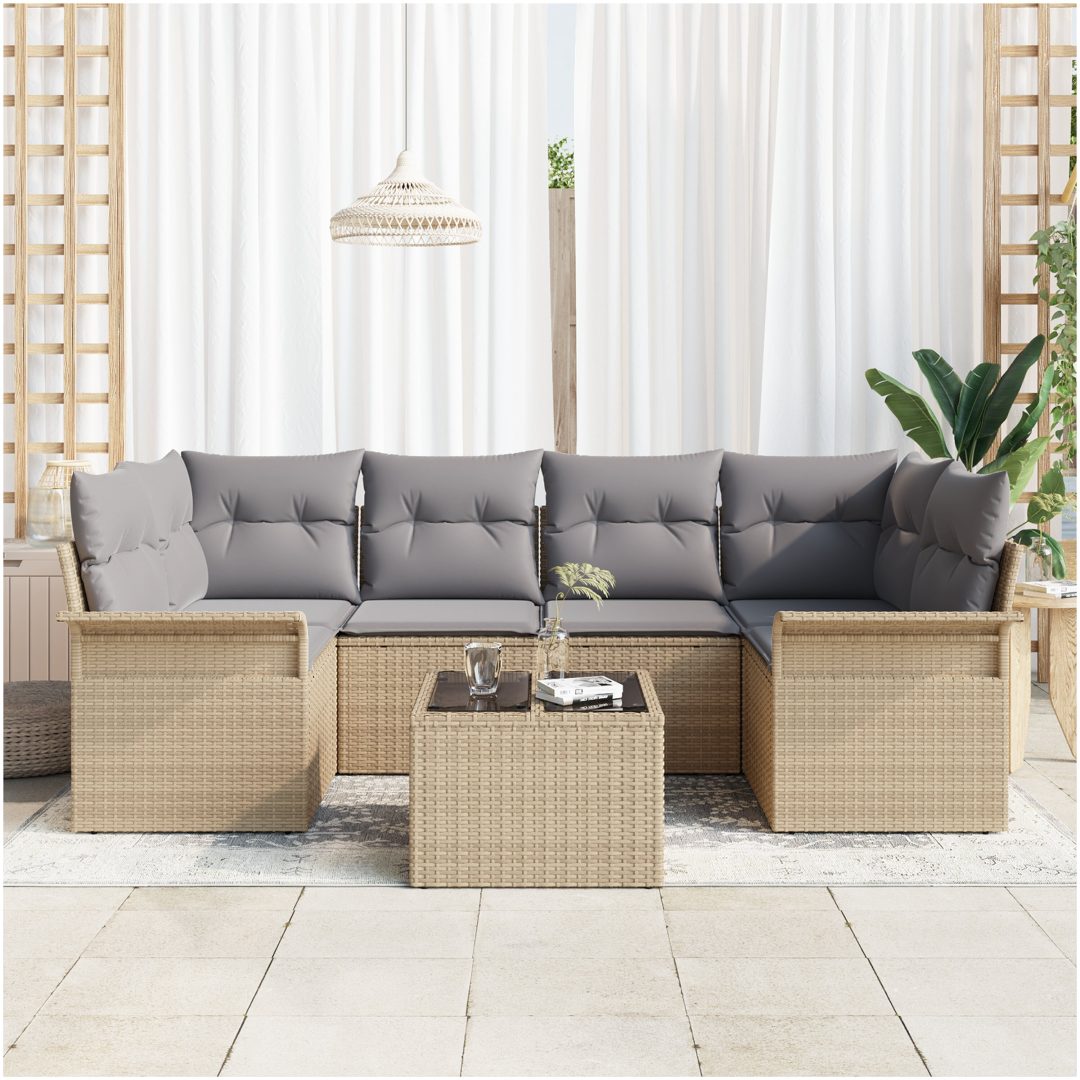 7-delad Trädgårdsoffagrupp med Kuddar Beige Poly Rattan vidaXL 55 x 55 x 37 cm – bild 3
